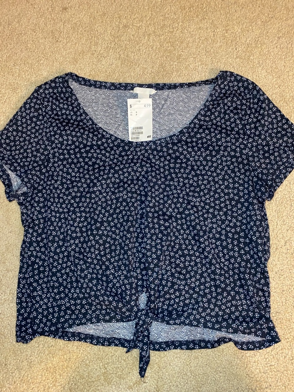 H&M Navy Blue Micro Floral Tie-Front Crop Top